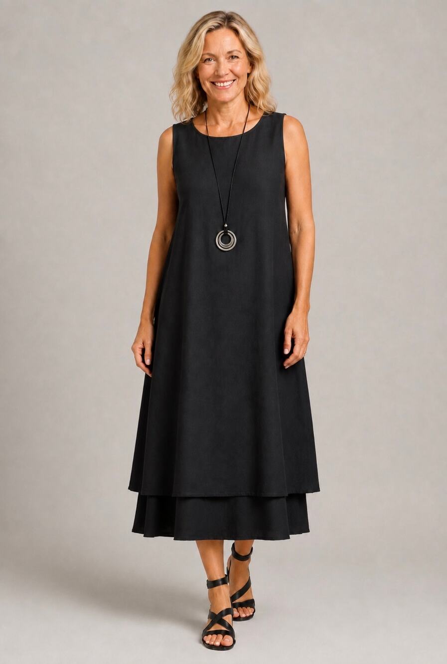 Eileen Fisher Irish Linen Sleeveless Sheath Tunic Dress Black Size Large Petite